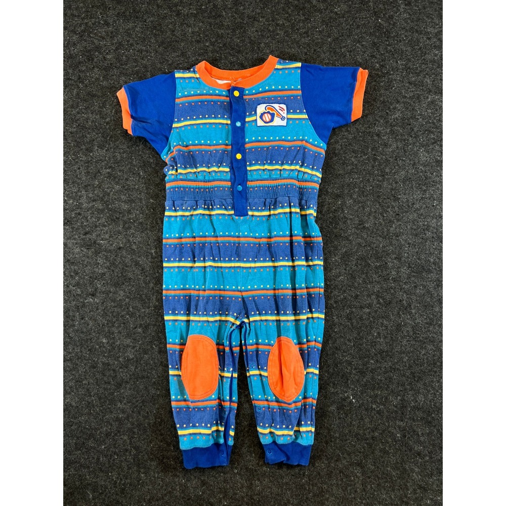Vintage 90s Kids Striped Baseball Romper Blue Orange Milwaukee Brewers One Piece